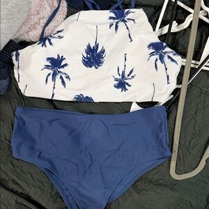 SHEIN Blue and White Palm Print Bikini